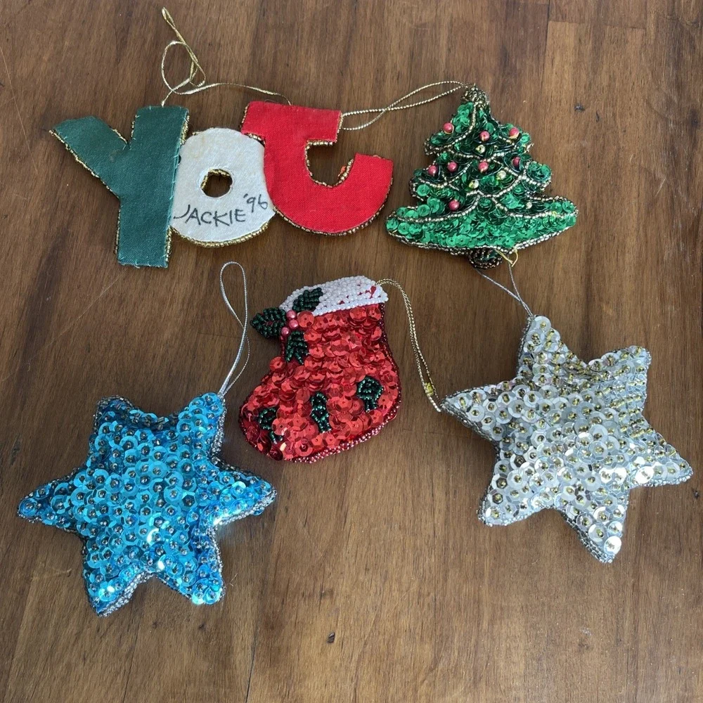Five Vintage Sequin And Beaded Christmas Ornaments Stars Joy Tree‎ Stocking